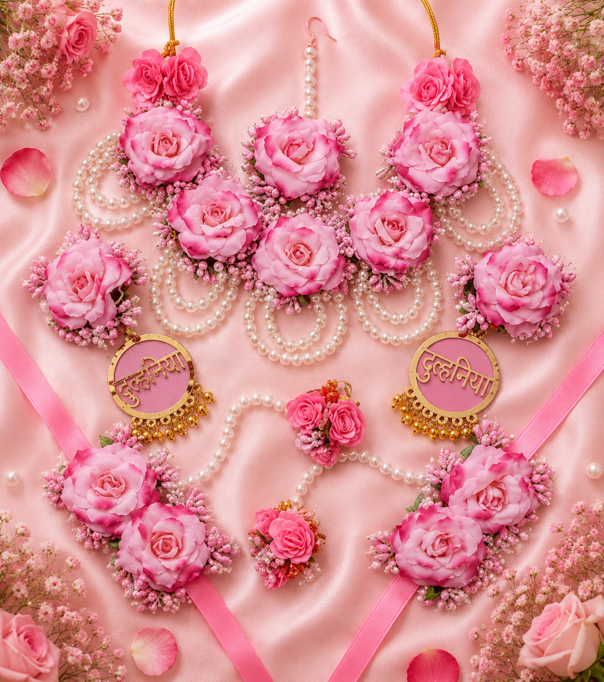 Elegant Baby Pink Rose Floral Bridal Jewelry Set – Handmade Necklace, Earrings, Maang Tikka, Haathphool & Bracelet Set for Wedding, Engagement, Mehendi & Bridal Wear