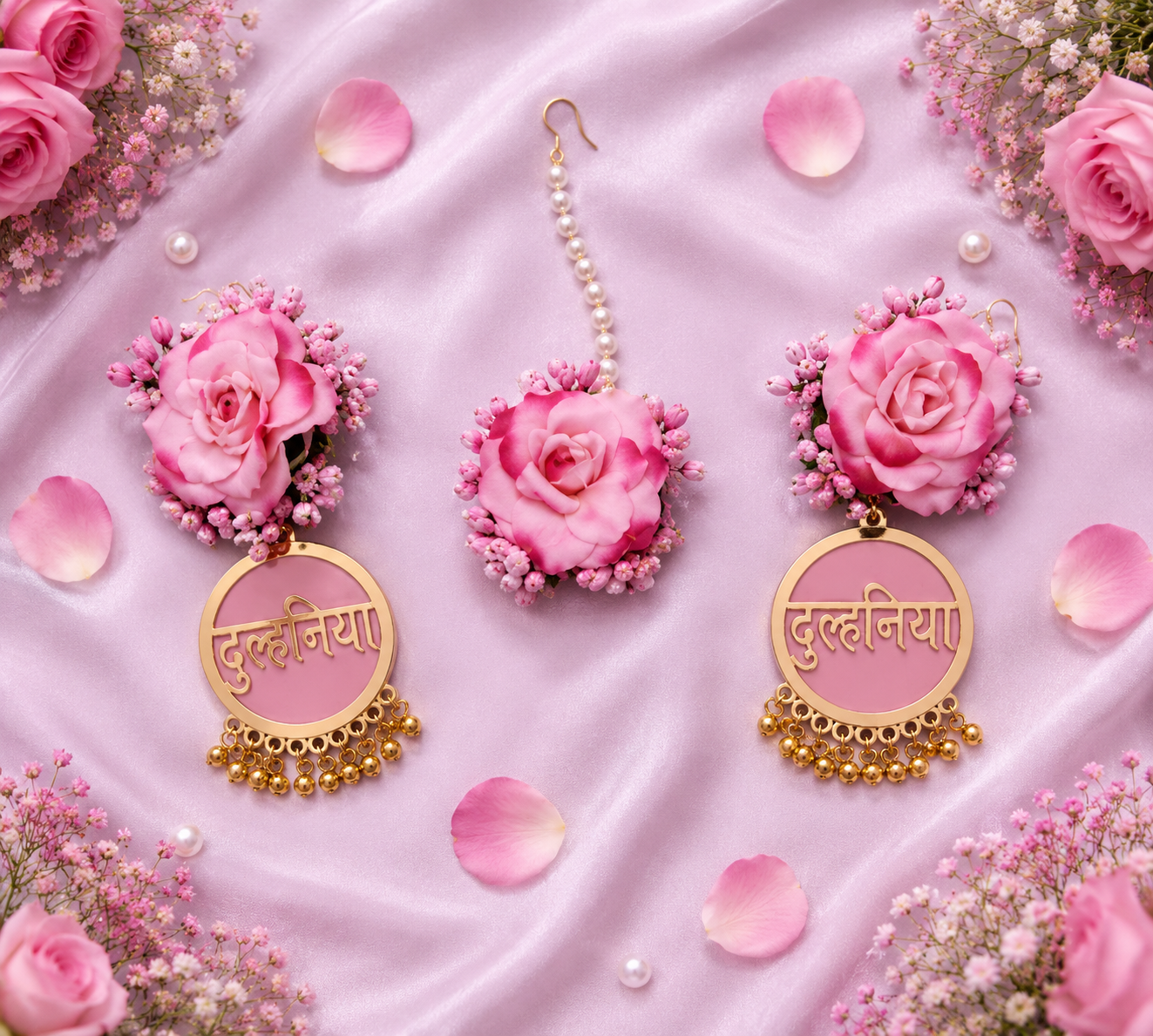 Elegant Baby Pink Rose Floral Bridal Jewelry Set – Handmade Necklace, Earrings, Maang Tikka, Haathphool & Bracelet Set for Wedding, Engagement, Mehendi & Bridal Wear