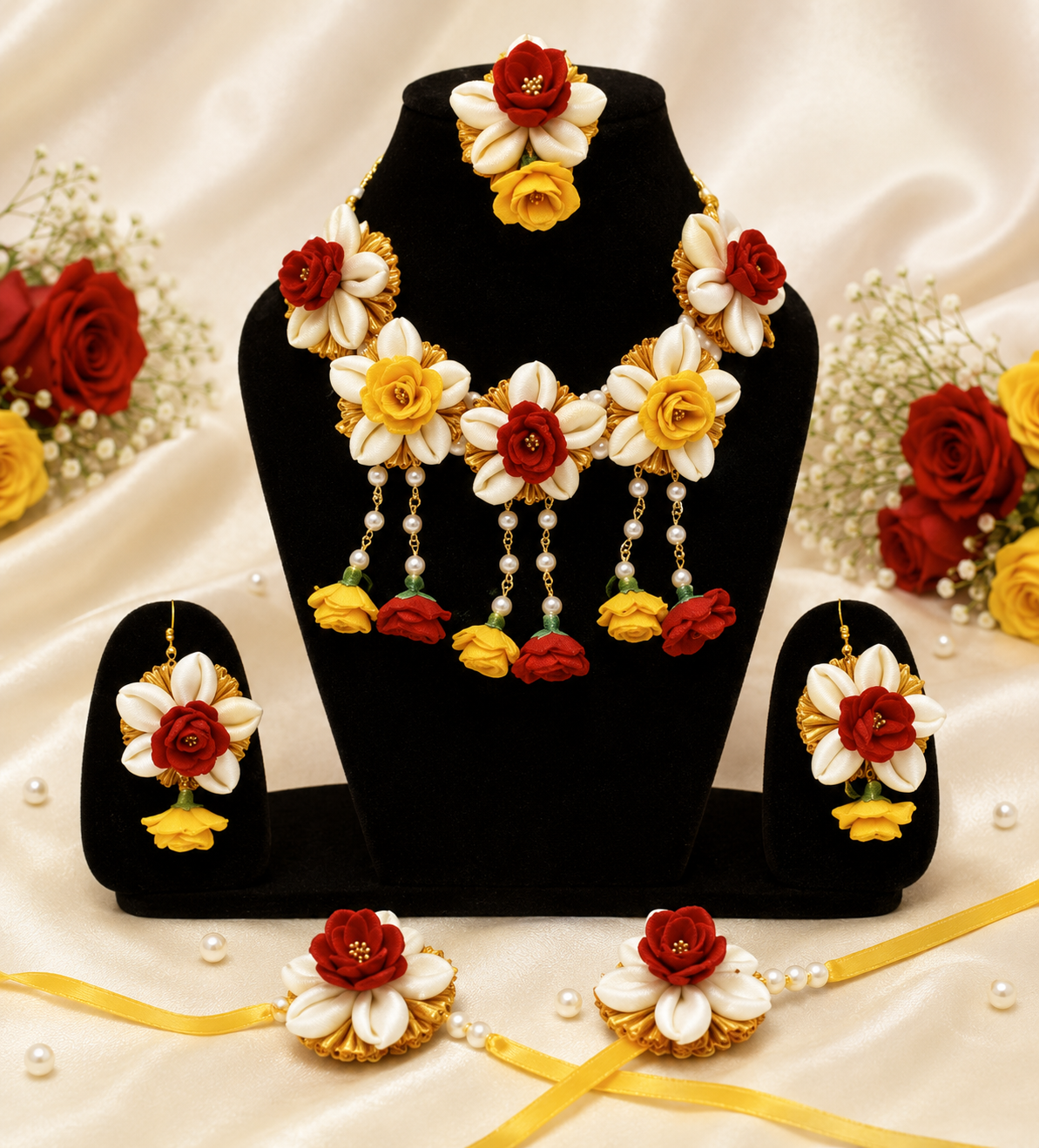 Handmade Red, Yellow & Ivory Floral Jewelry Set – Elegant Necklace, Earrings, Ring & Floral Bracelets for Haldi, Mehendi, Wedding & Festive Wear