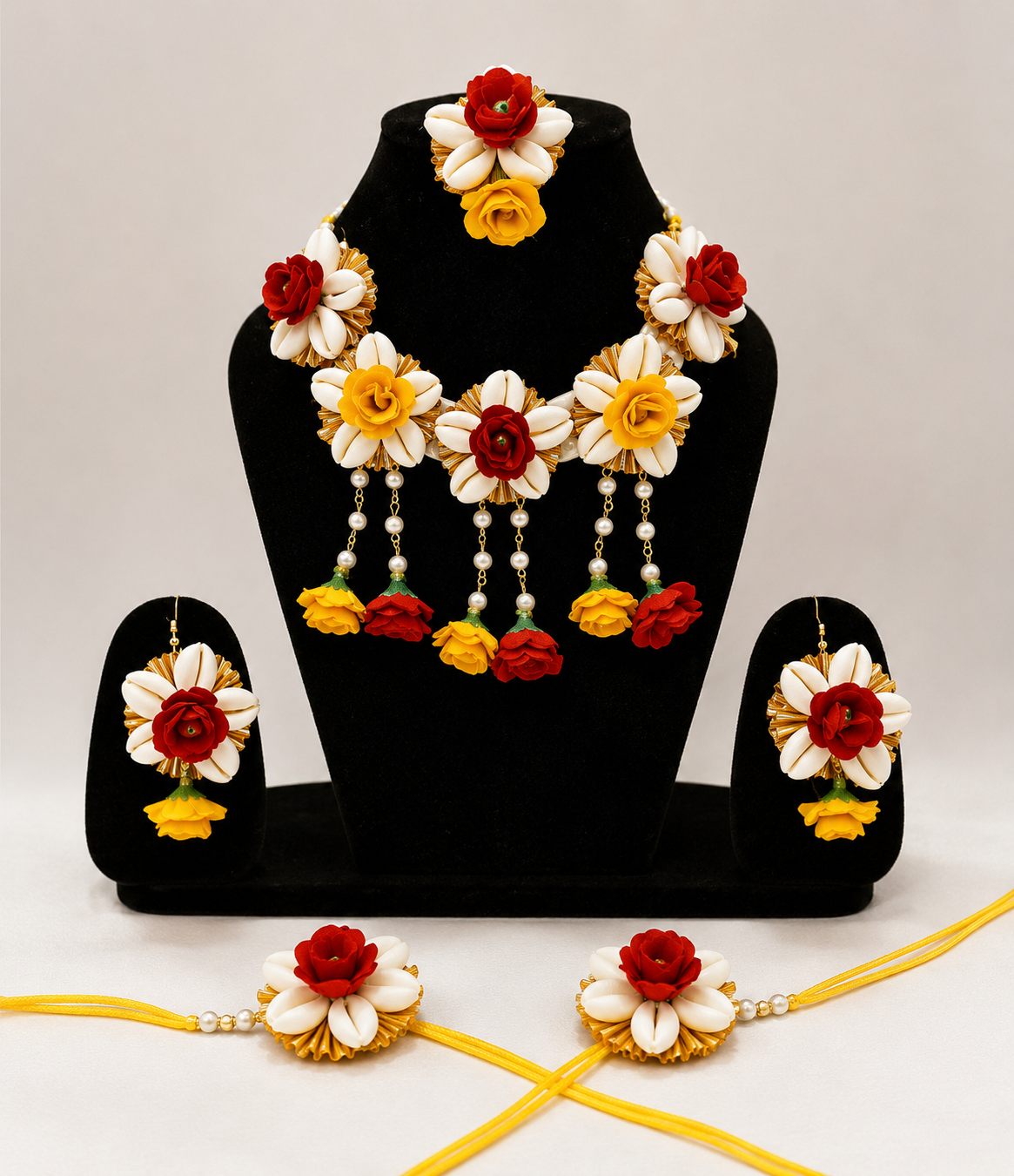 Handmade Red, Yellow & Ivory Floral Jewelry Set – Elegant Necklace, Earrings, Ring & Floral Bracelets for Haldi, Mehendi, Wedding & Festive Wear