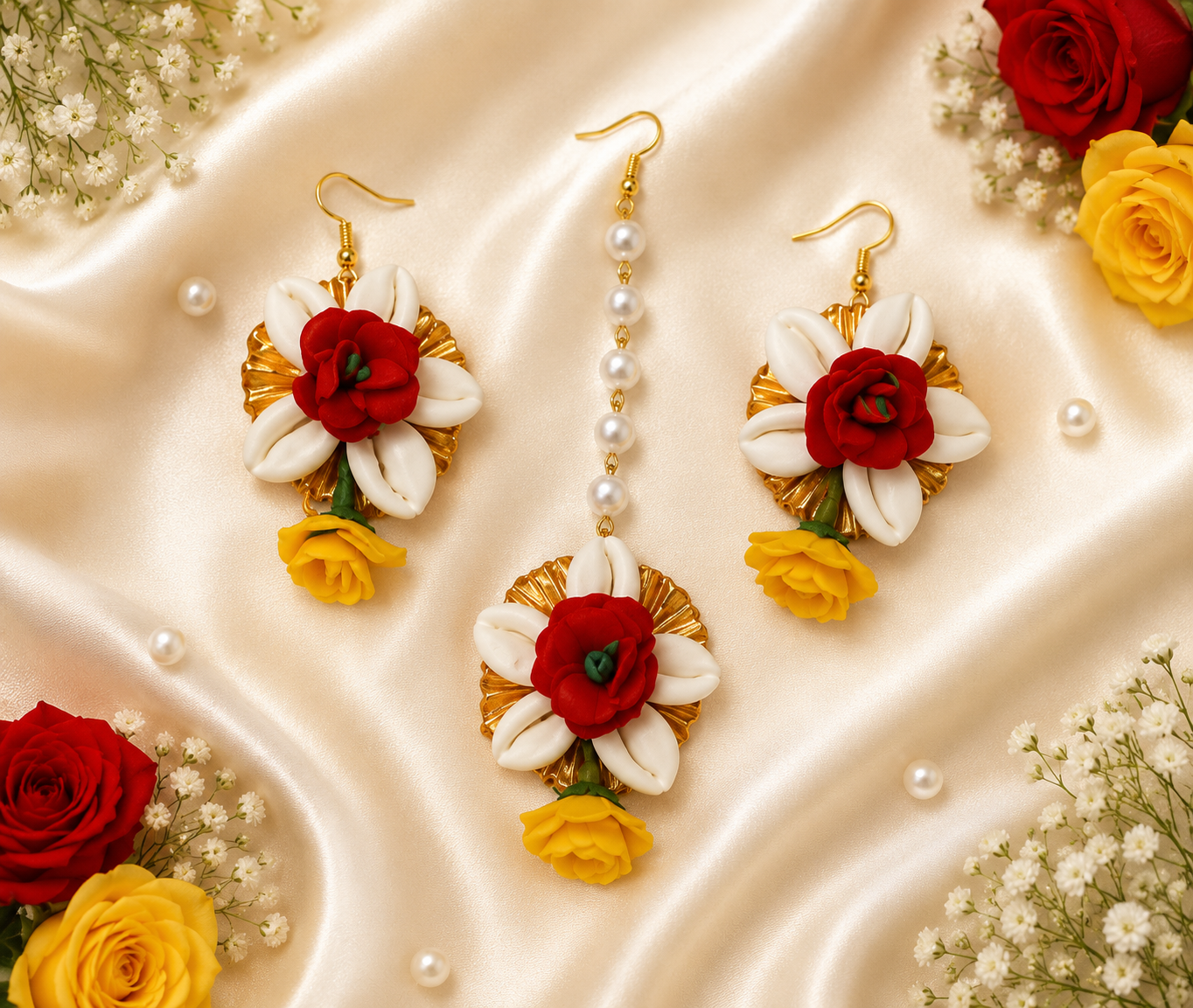 Handmade Red, Yellow & Ivory Floral Jewelry Set – Elegant Necklace, Earrings, Ring & Floral Bracelets for Haldi, Mehendi, Wedding & Festive Wear