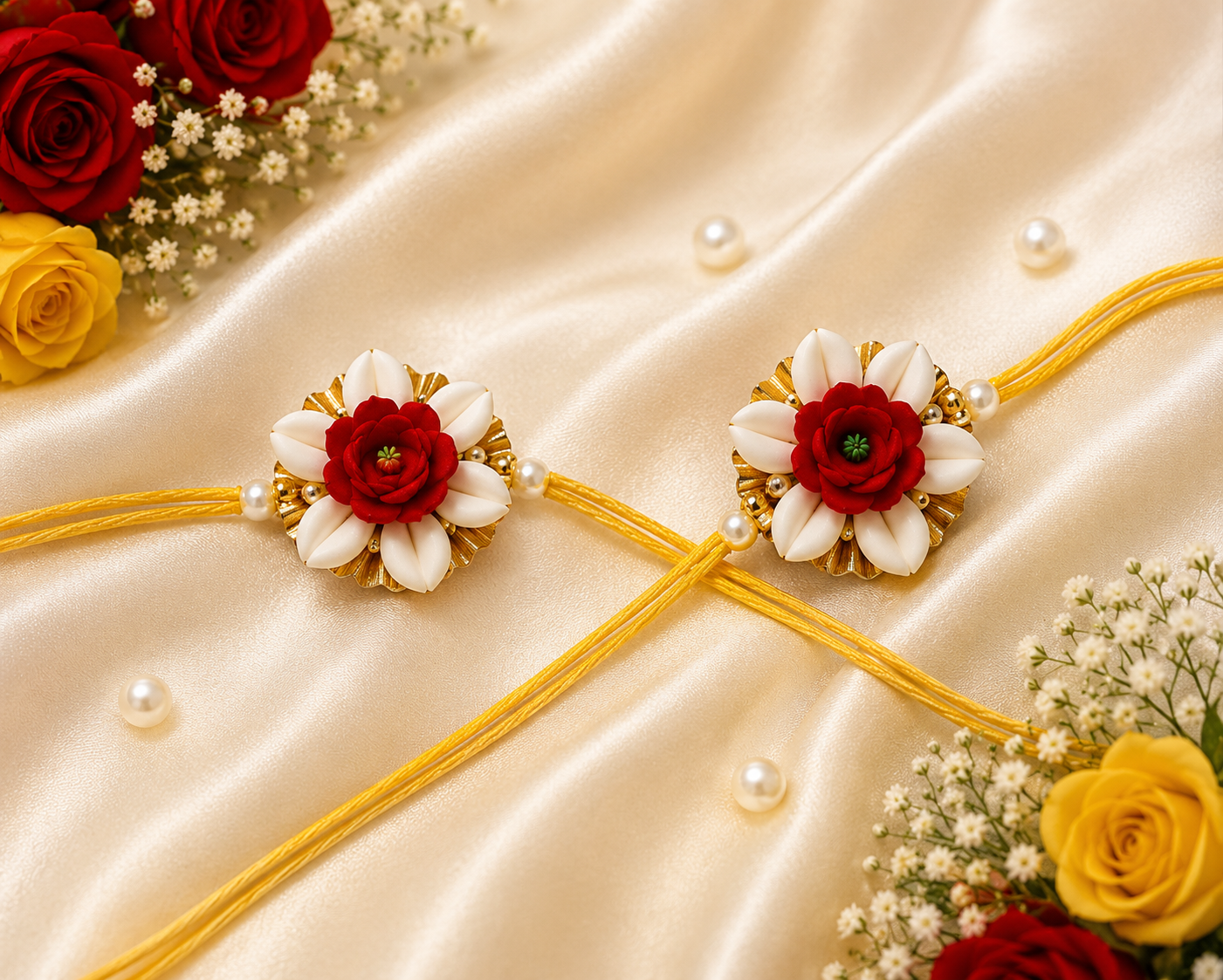 Handmade Red, Yellow & Ivory Floral Jewelry Set – Elegant Necklace, Earrings, Ring & Floral Bracelets for Haldi, Mehendi, Wedding & Festive Wear