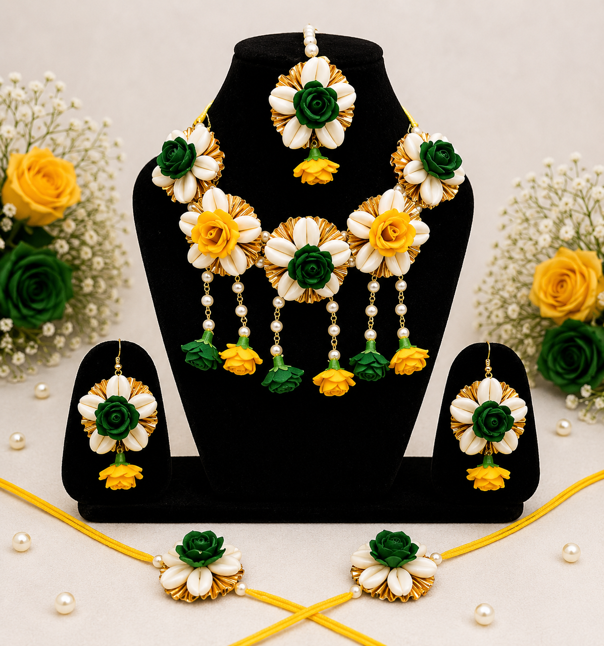 Elegant Green, Yellow & Ivory Floral Jewelry Set – Handmade Statement Necklace, Earrings, Maang Tikka & Floral Bracelets for Haldi, Mehendi, Wedding & Festive Wear
