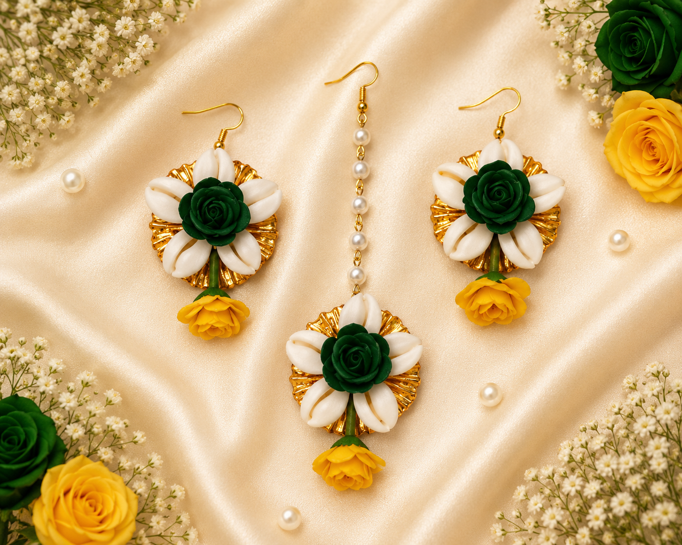 Elegant Green, Yellow & Ivory Floral Jewelry Set – Handmade Statement Necklace, Earrings, Maang Tikka & Floral Bracelets for Haldi, Mehendi, Wedding & Festive Wear