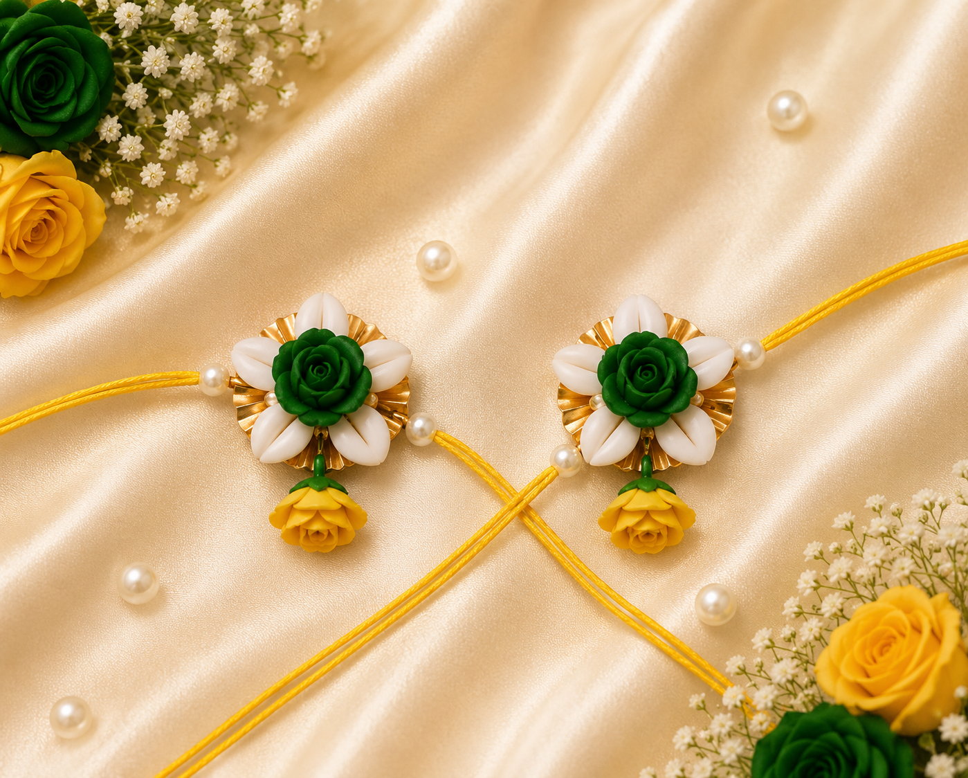 Elegant Green, Yellow & Ivory Floral Jewelry Set – Handmade Statement Necklace, Earrings, Maang Tikka & Floral Bracelets for Haldi, Mehendi, Wedding & Festive Wear