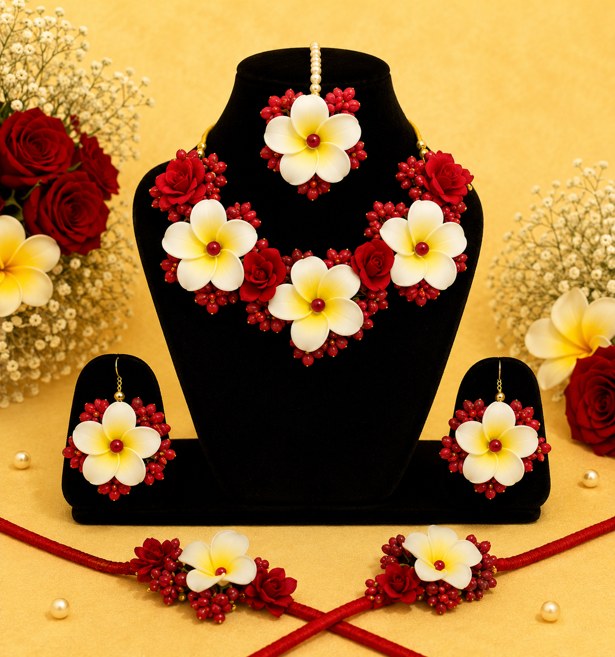 Premium Red Rose & White Plumeria Floral Jewelry Set – Handmade Necklace, Earrings, Maang Tikka & Floral Bracelets for Haldi, Mehendi, Wedding & Festive Wear