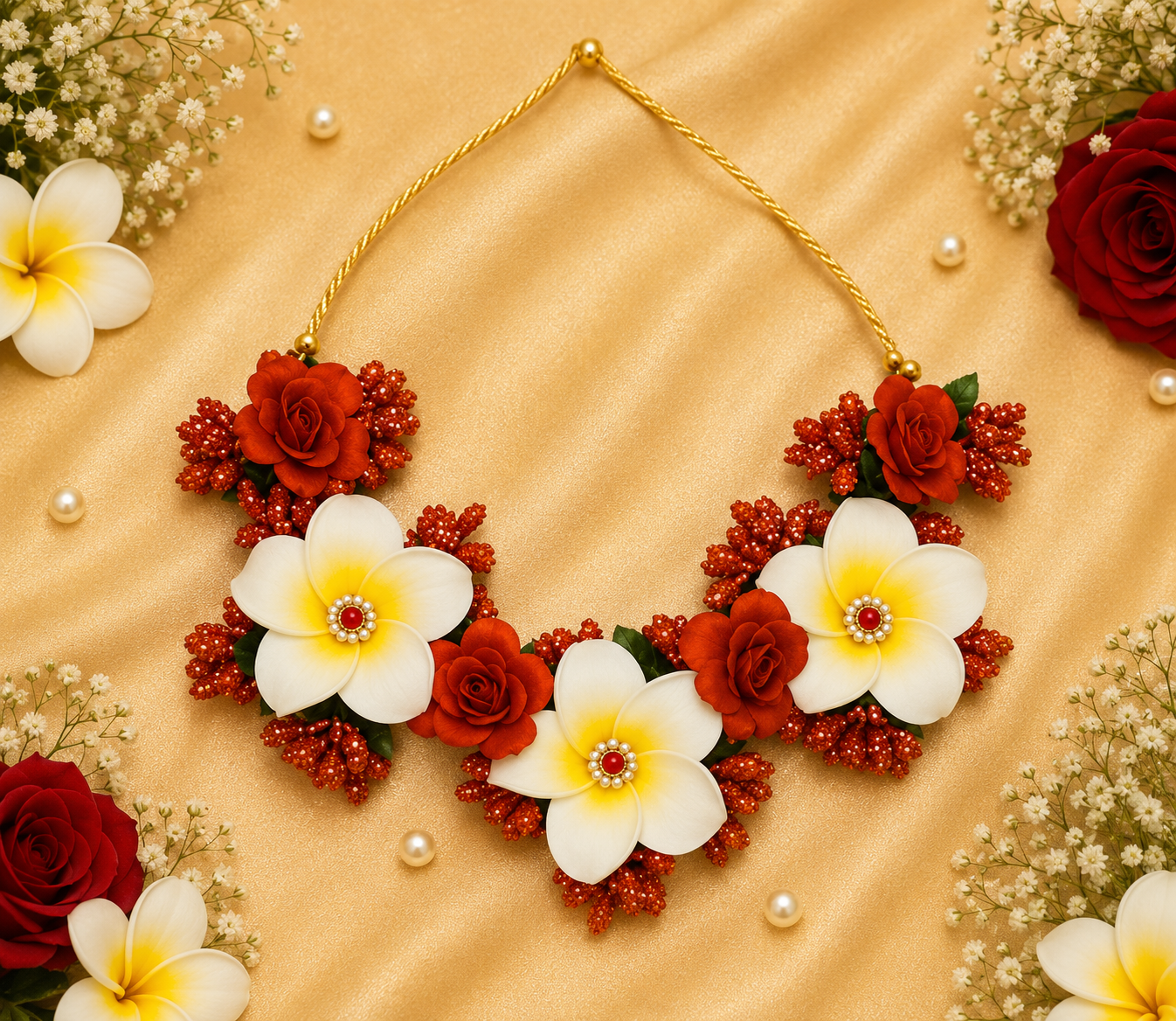 Premium Red Rose & White Plumeria Floral Jewelry Set – Handmade Necklace, Earrings, Maang Tikka & Floral Bracelets for Haldi, Mehendi, Wedding & Festive Wear