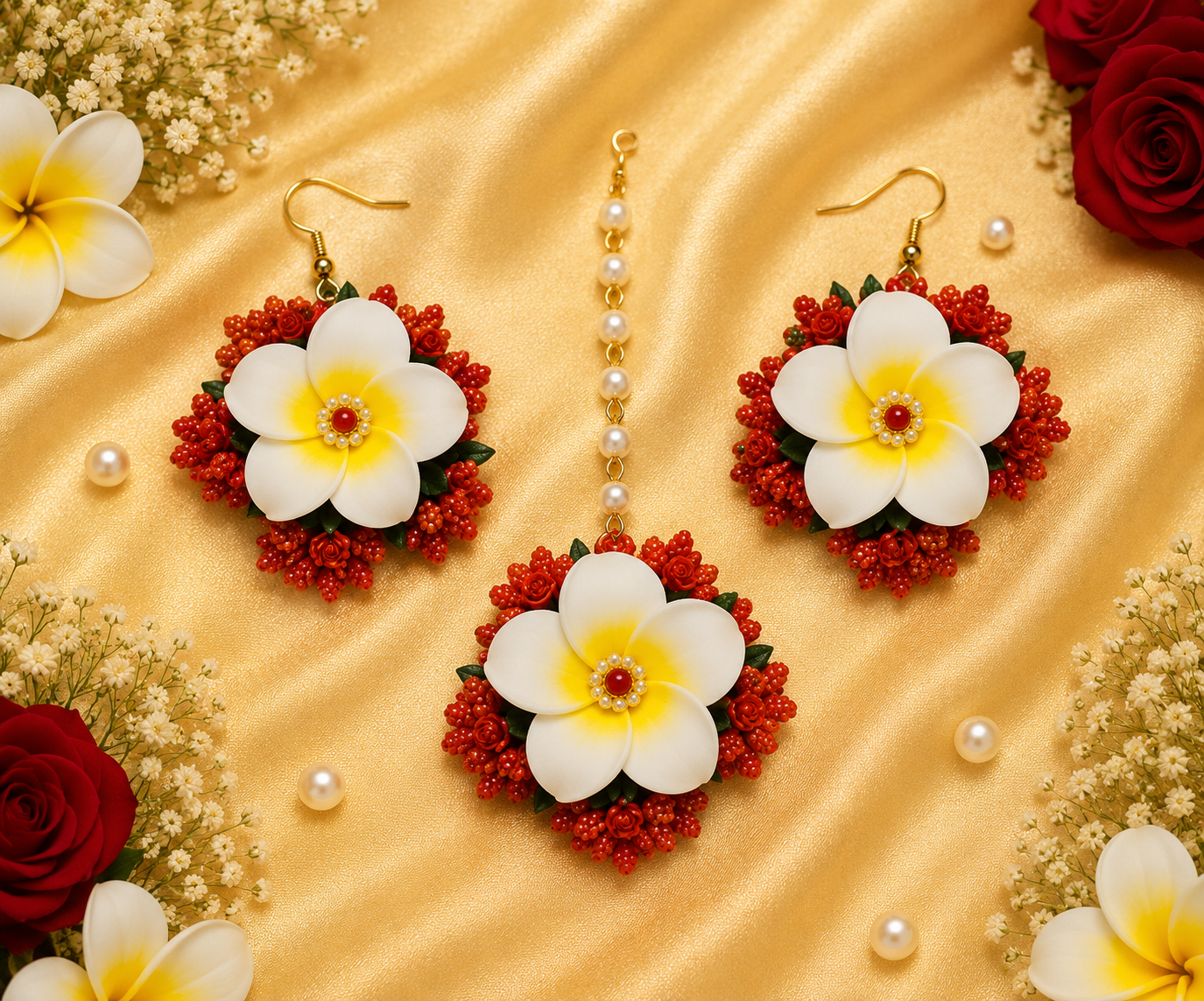 Premium Red Rose & White Plumeria Floral Jewelry Set – Handmade Necklace, Earrings, Maang Tikka & Floral Bracelets for Haldi, Mehendi, Wedding & Festive Wear