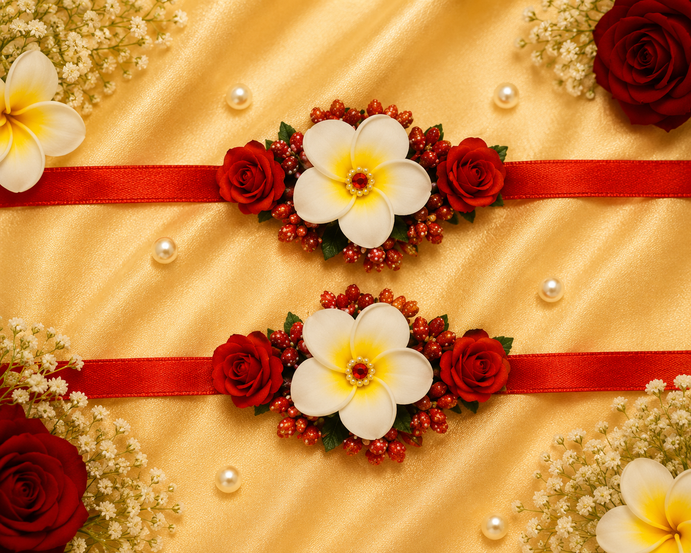 Premium Red Rose & White Plumeria Floral Jewelry Set – Handmade Necklace, Earrings, Maang Tikka & Floral Bracelets for Haldi, Mehendi, Wedding & Festive Wear