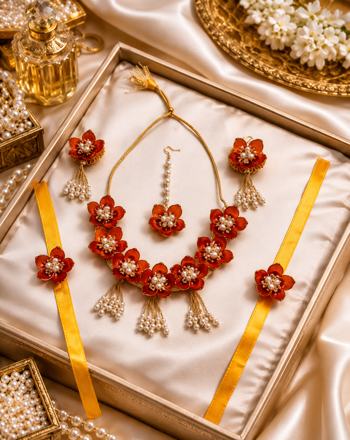 Red Floral Bridal Jewellery Set for Women & Girls | Artificial Flower Necklace Set with Earrings, Maang Tikka & Bracelets | Haldi Mehndi Wedding Jewellery | Pearl Tassel Traditional Floral Accessories