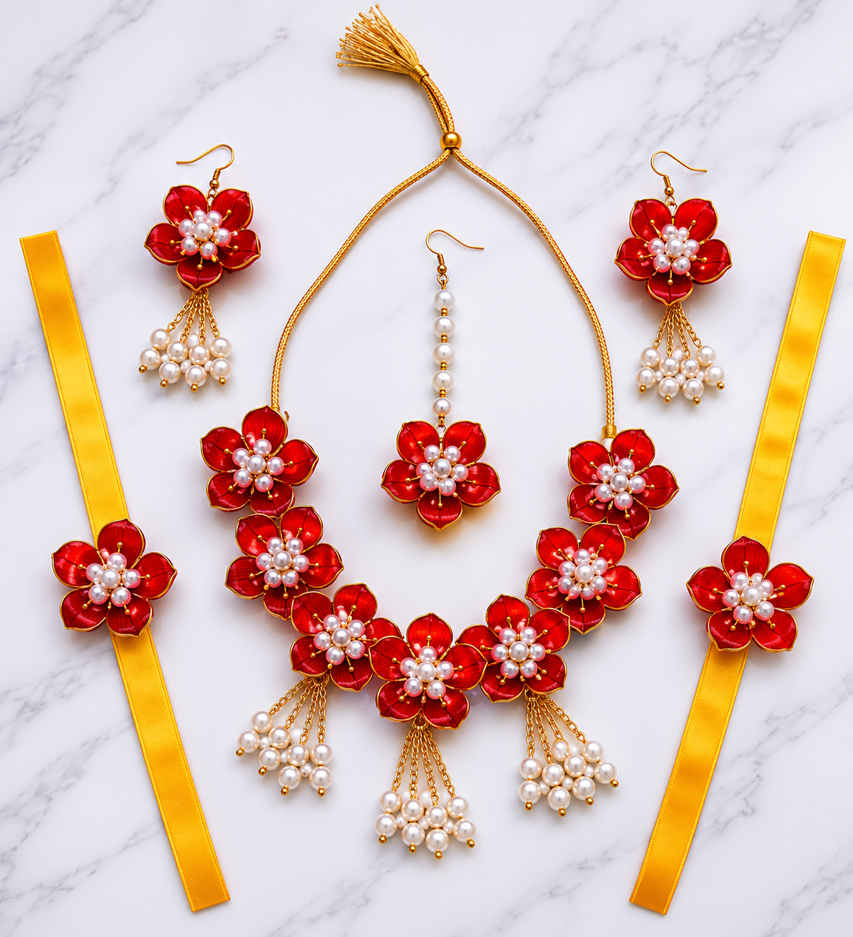 Red Floral Bridal Jewellery Set for Women & Girls | Artificial Flower Necklace Set with Earrings, Maang Tikka & Bracelets | Haldi Mehndi Wedding Jewellery | Pearl Tassel Traditional Floral Accessories