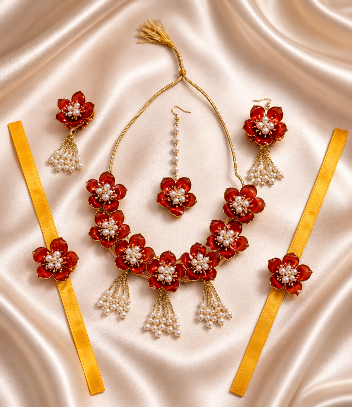 Red Floral Bridal Jewellery Set for Women & Girls | Artificial Flower Necklace Set with Earrings, Maang Tikka & Bracelets | Haldi Mehndi Wedding Jewellery | Pearl Tassel Traditional Floral Accessories