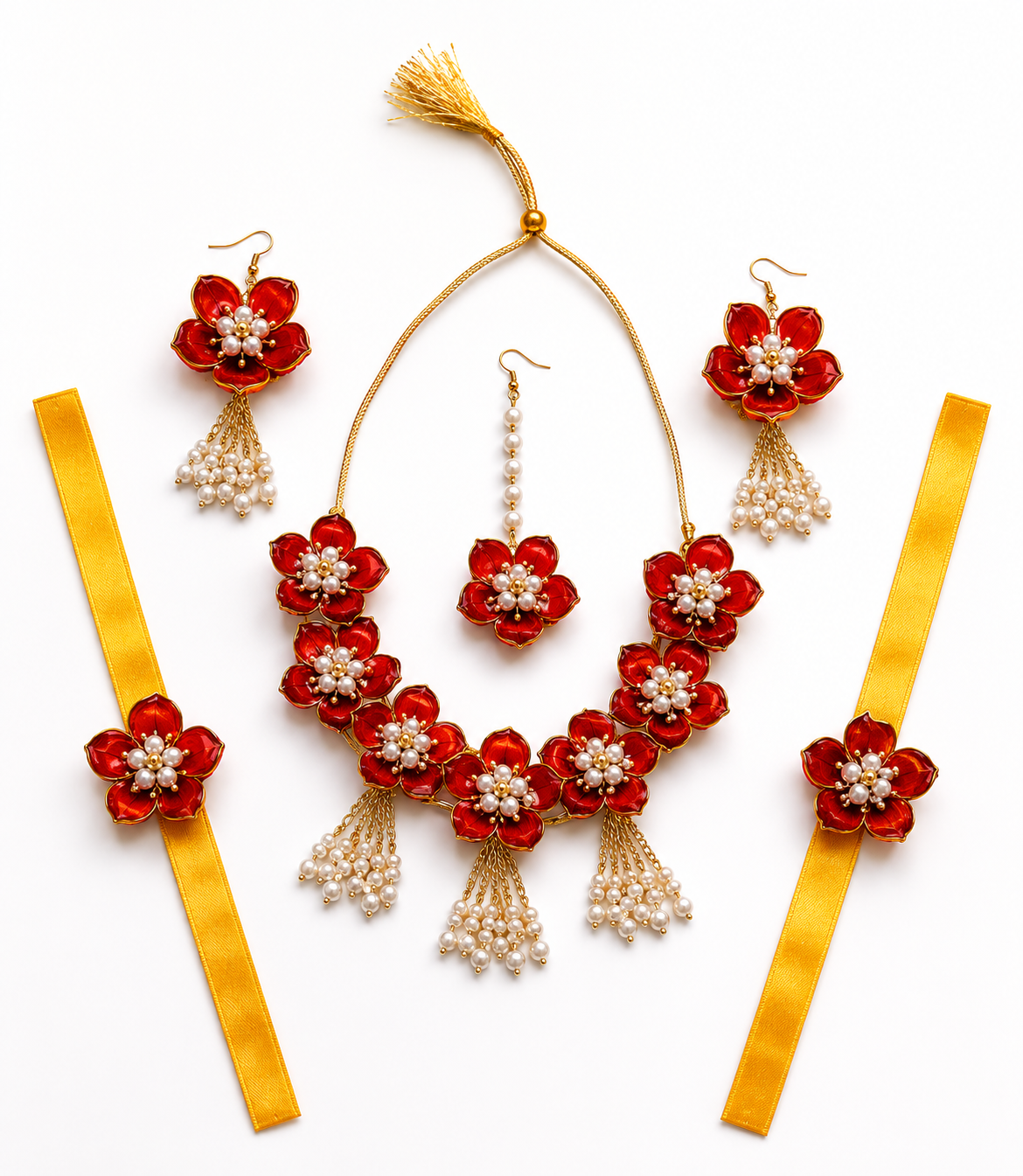 Red Floral Bridal Jewellery Set for Women & Girls | Artificial Flower Necklace Set with Earrings, Maang Tikka & Bracelets | Haldi Mehndi Wedding Jewellery | Pearl Tassel Traditional Floral Accessories