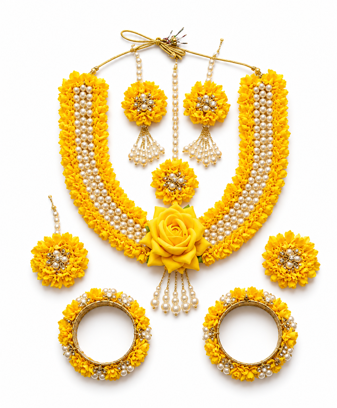 Yellow Floral Bridal Jewellery Set for Women | Haldi Jewellery Set with Necklace, Earrings, Maang Tikka & Bangles | Artificial Flower Pearl Bridal Jewellery for Mehndi Wedding Functions