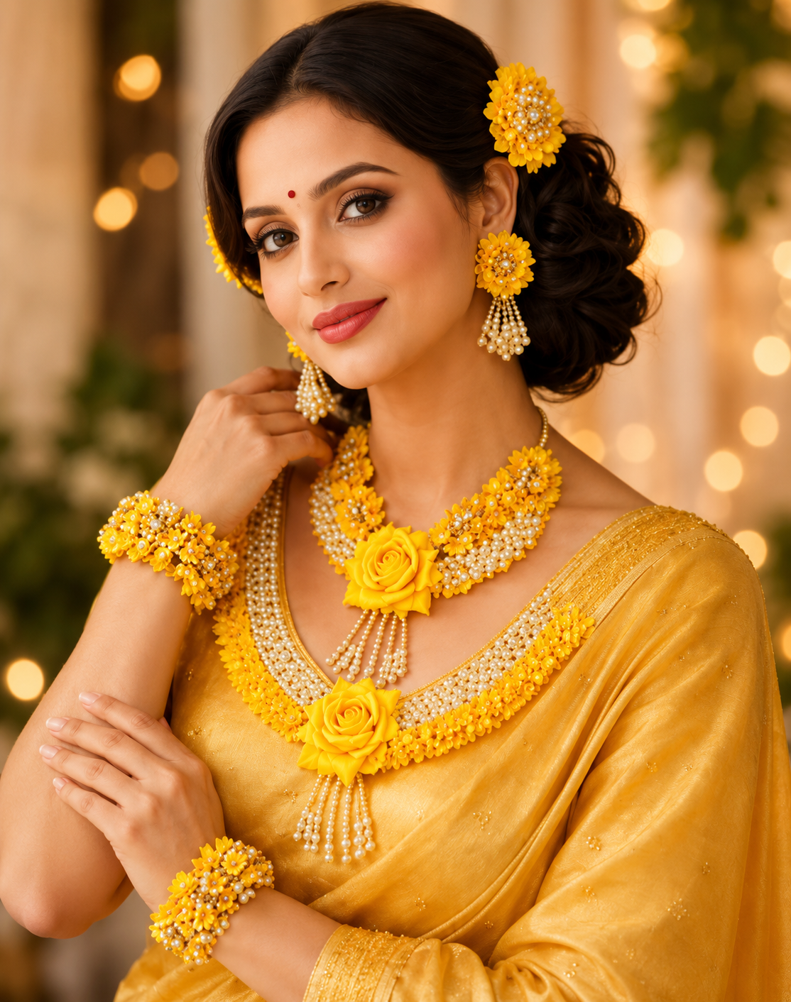 Yellow Floral Bridal Jewellery Set for Women | Haldi Jewellery Set with Necklace, Earrings, Maang Tikka & Bangles | Artificial Flower Pearl Bridal Jewellery for Mehndi Wedding Functions
