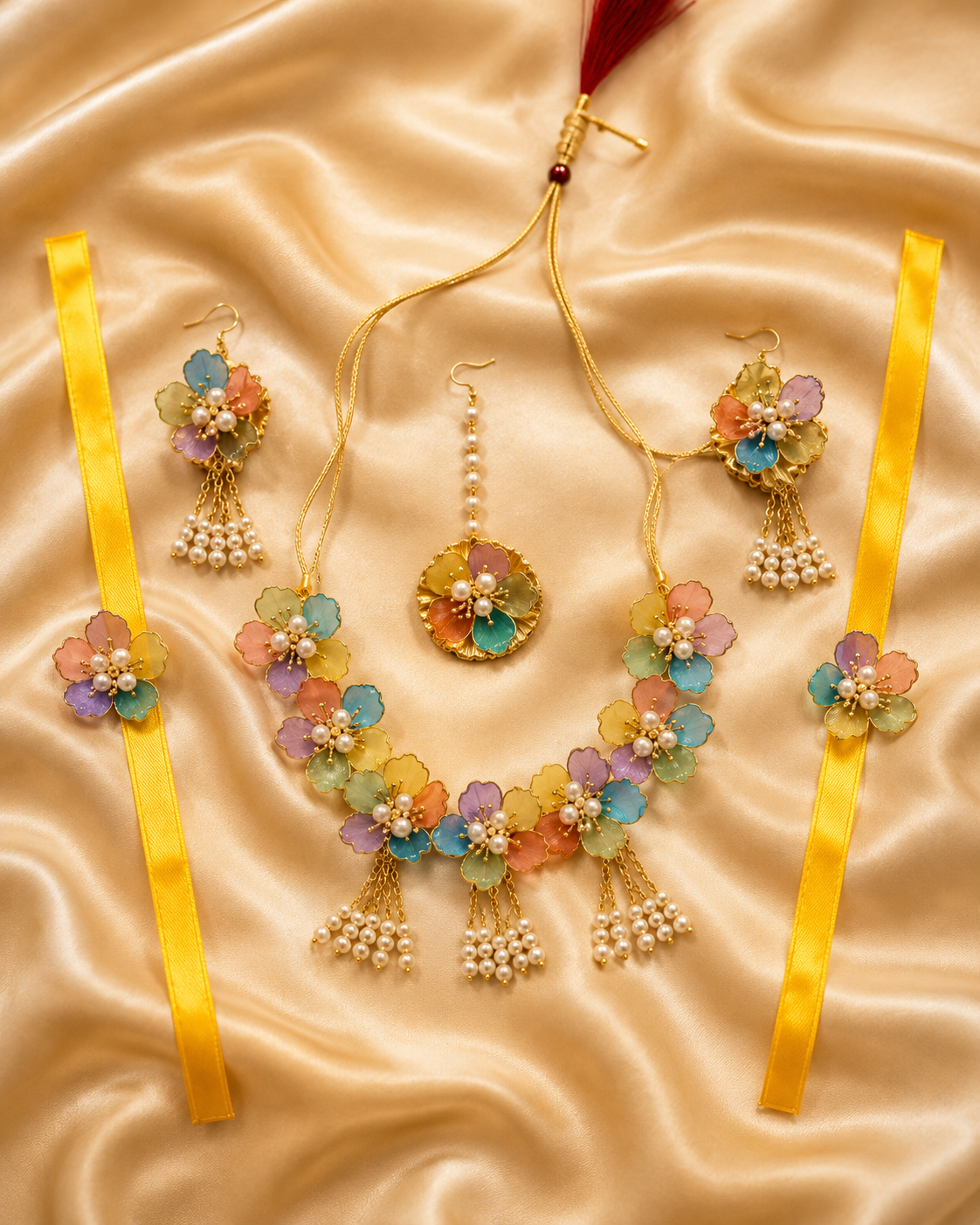 Multicolor Floral Bridal Jewellery Set for Women | Handmade Flower Jewellery Set with Necklace, Earrings, Maang Tikka & Haath Accessories | Haldi Mehndi Wedding Jewellery
