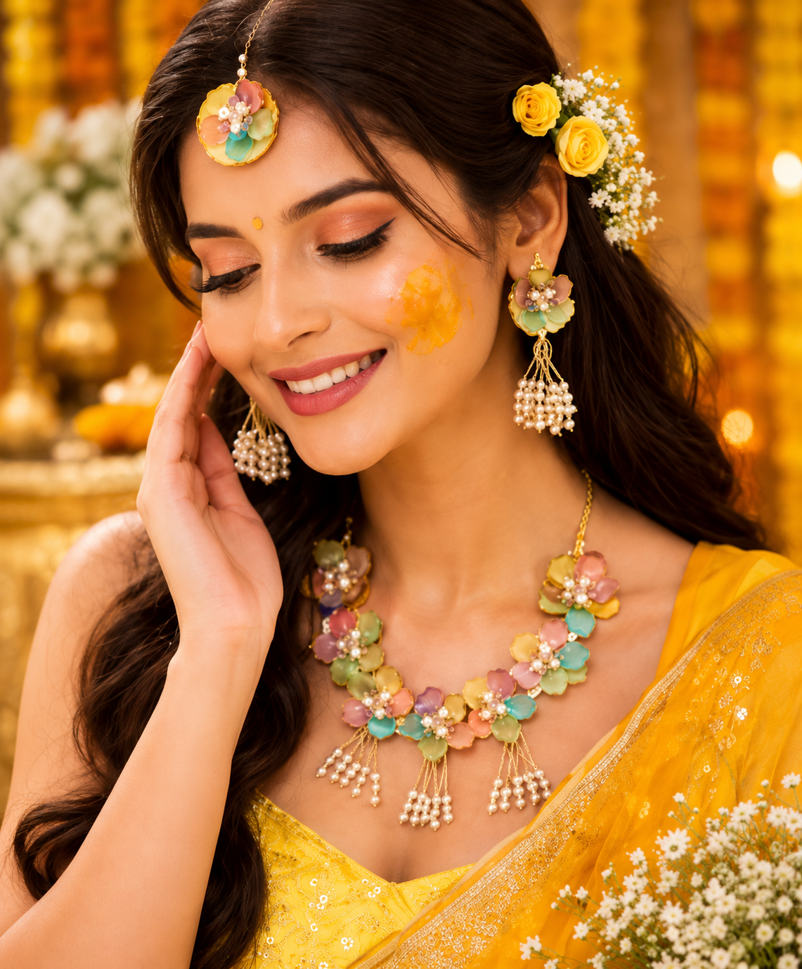 Multicolor Floral Bridal Jewellery Set for Women | Handmade Flower Jewellery Set with Necklace, Earrings, Maang Tikka & Haath Accessories | Haldi Mehndi Wedding Jewellery