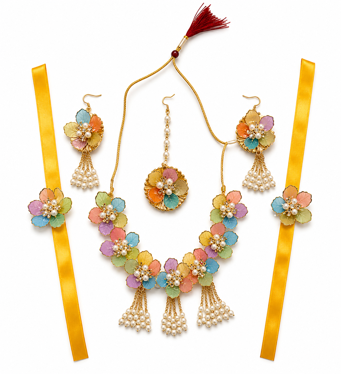 Multicolor Floral Bridal Jewellery Set for Women | Handmade Flower Jewellery Set with Necklace, Earrings, Maang Tikka & Haath Accessories | Haldi Mehndi Wedding Jewellery