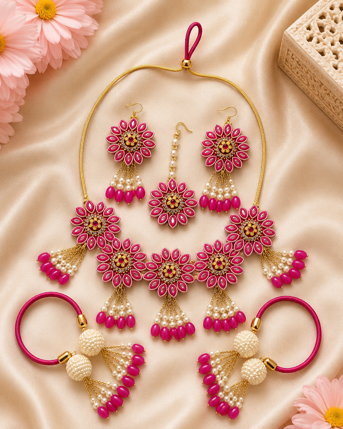 Pink Bridal Floral Jewellery Set for Women | Handmade Haldi Mehndi Jewellery Set with Necklace, Earrings, Maang Tikka & Bangles | Traditional Wedding Floral Jewelry