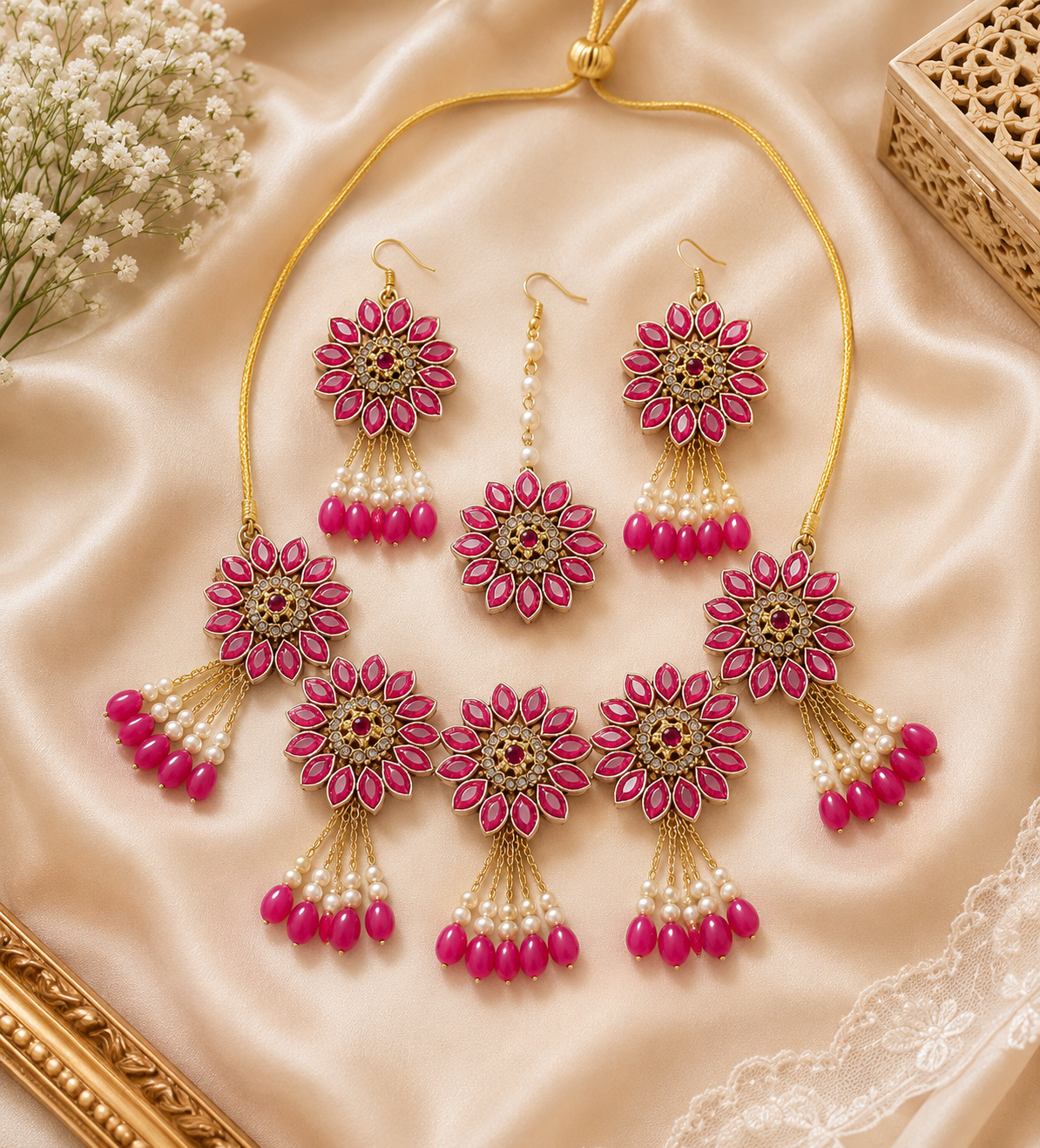 Pink Bridal Floral Jewellery Set for Women | Handmade Haldi Mehndi Jewellery Set with Necklace, Earrings, Maang Tikka & Bangles | Traditional Wedding Floral Jewelry