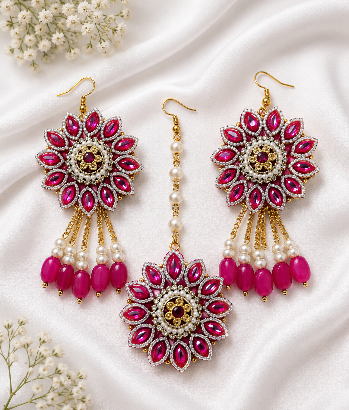 Pink Bridal Floral Jewellery Set for Women | Handmade Haldi Mehndi Jewellery Set with Necklace, Earrings, Maang Tikka & Bangles | Traditional Wedding Floral Jewelry
