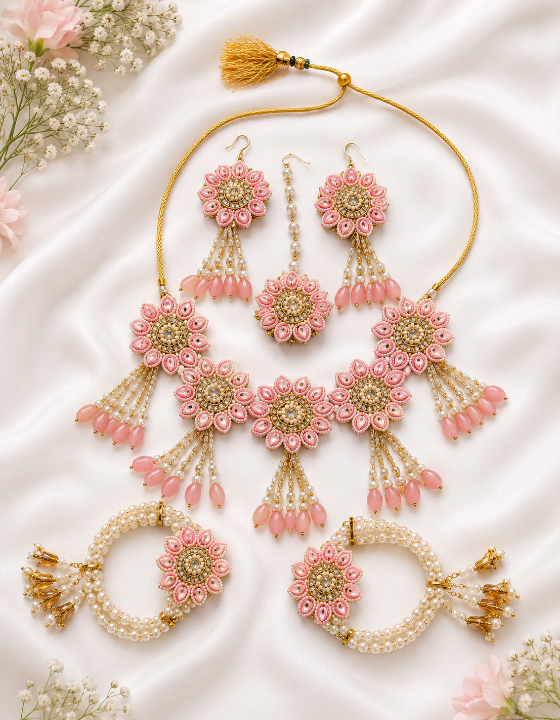 Baby Pink Floral Bridal Jewellery Set for Women | Pearl Flower Jewellery Set with Necklace, Earrings, Maang Tikka & Bangles | Haldi Mehndi Wedding Accessories
