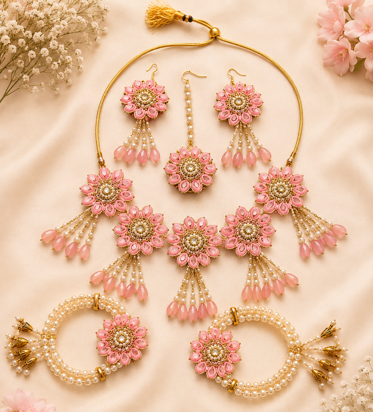 Baby Pink Floral Bridal Jewellery Set for Women | Pearl Flower Jewellery Set with Necklace, Earrings, Maang Tikka & Bangles | Haldi Mehndi Wedding Accessories