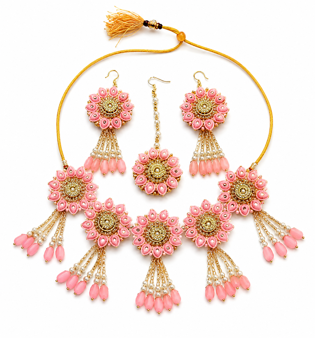 Baby Pink Floral Bridal Jewellery Set for Women | Pearl Flower Jewellery Set with Necklace, Earrings, Maang Tikka & Bangles | Haldi Mehndi Wedding Accessories