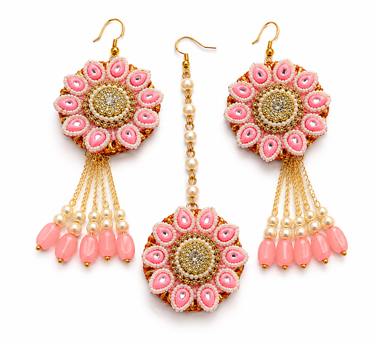 Baby Pink Floral Bridal Jewellery Set for Women | Pearl Flower Jewellery Set with Necklace, Earrings, Maang Tikka & Bangles | Haldi Mehndi Wedding Accessories