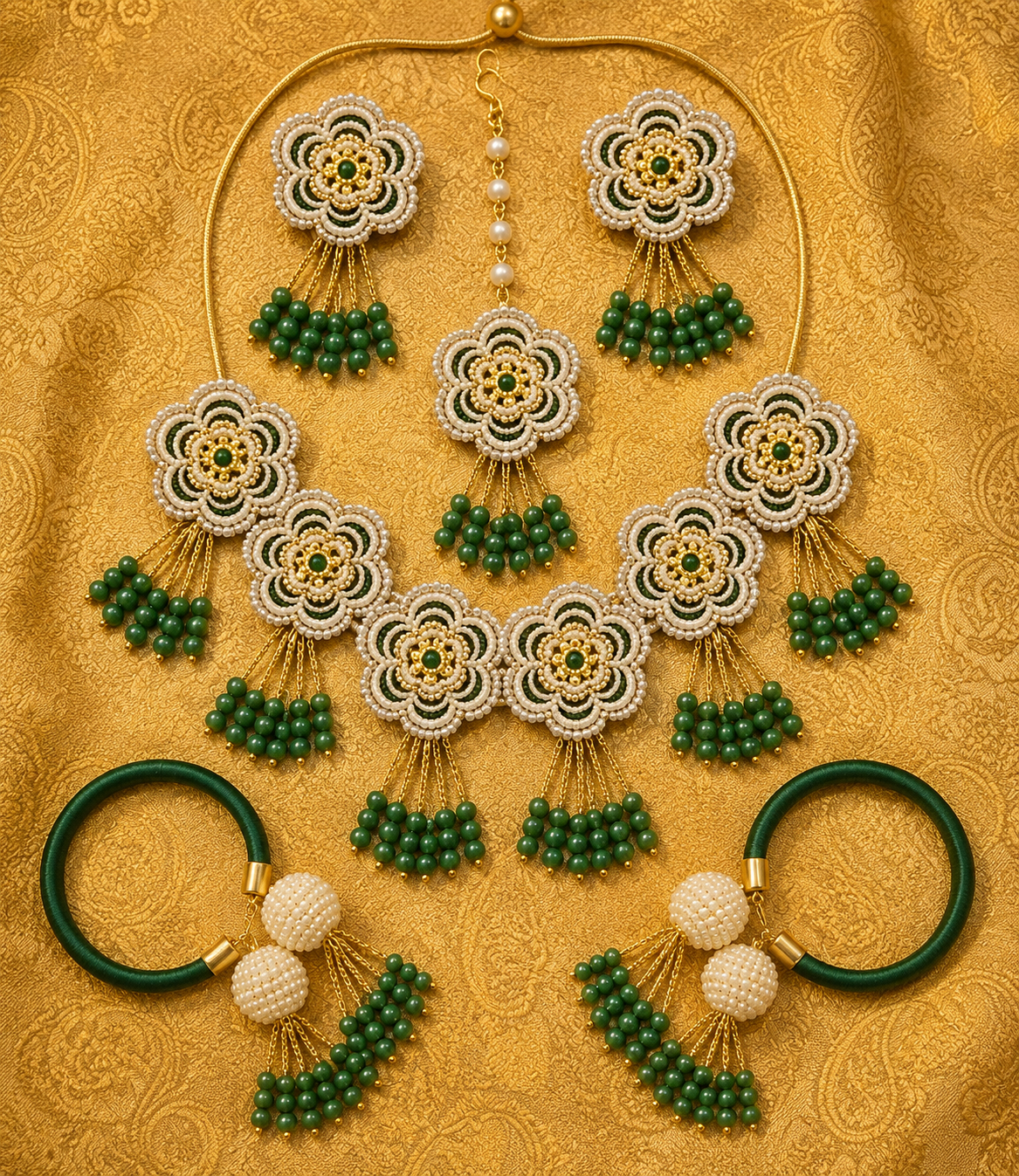 Green & White Floral Bridal Jewellery Set for Women | Pearl Flower Jewellery Set with Necklace, Earrings, Maang Tikka & Bangles | Haldi Mehndi Wedding Accessories