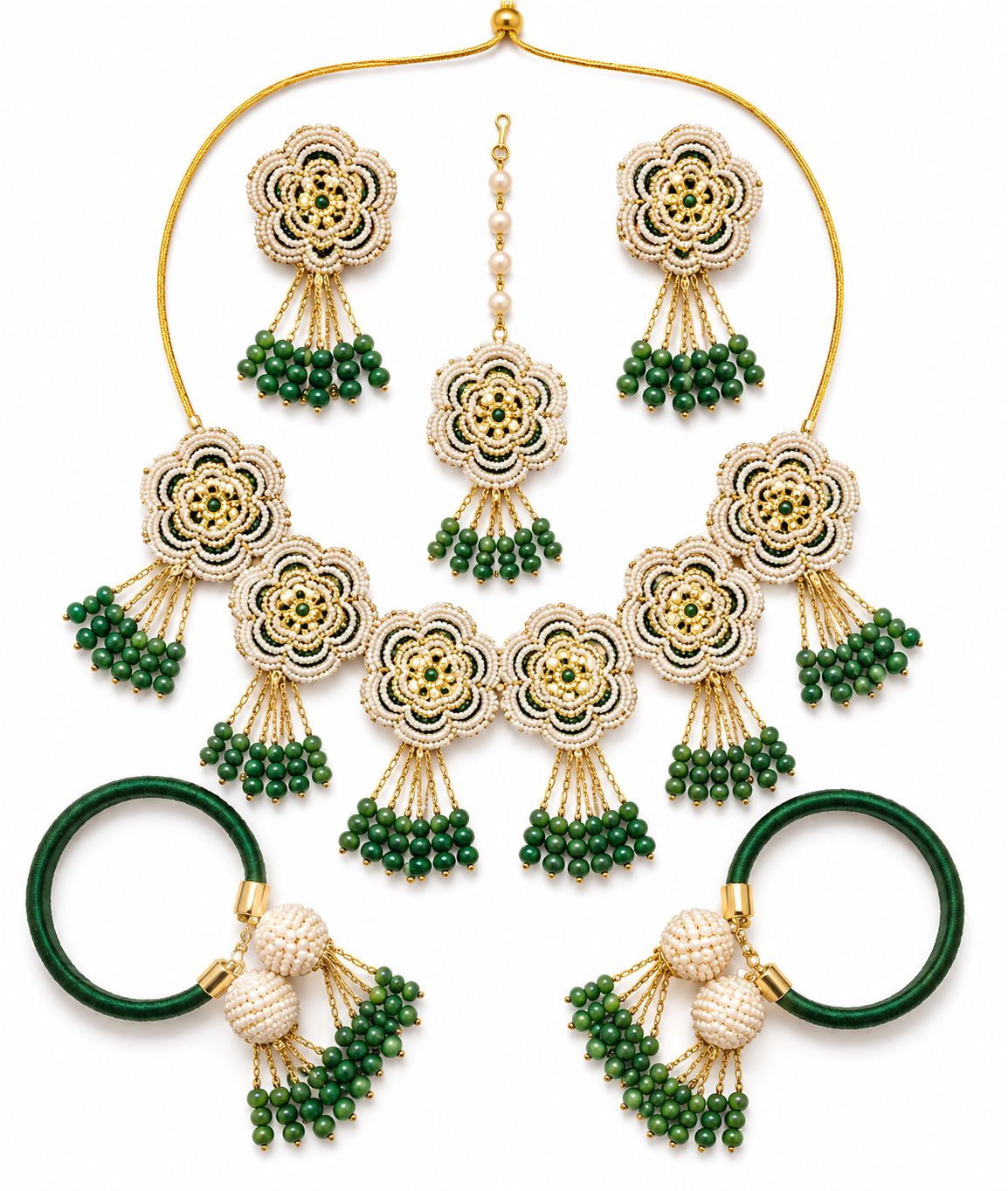 Green & White Floral Bridal Jewellery Set for Women | Pearl Flower Jewellery Set with Necklace, Earrings, Maang Tikka & Bangles | Haldi Mehndi Wedding Accessories