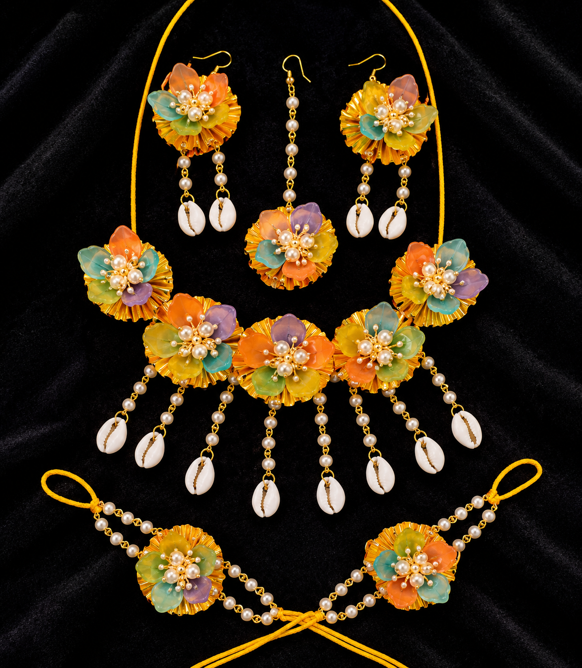 Multicolor Floral Bridal Jewellery Set for Women | Shell & Pearl Flower Jewellery Set with Necklace, Earrings, Maang Tikka & Bracelet | Haldi Mehndi Wedding Accessories