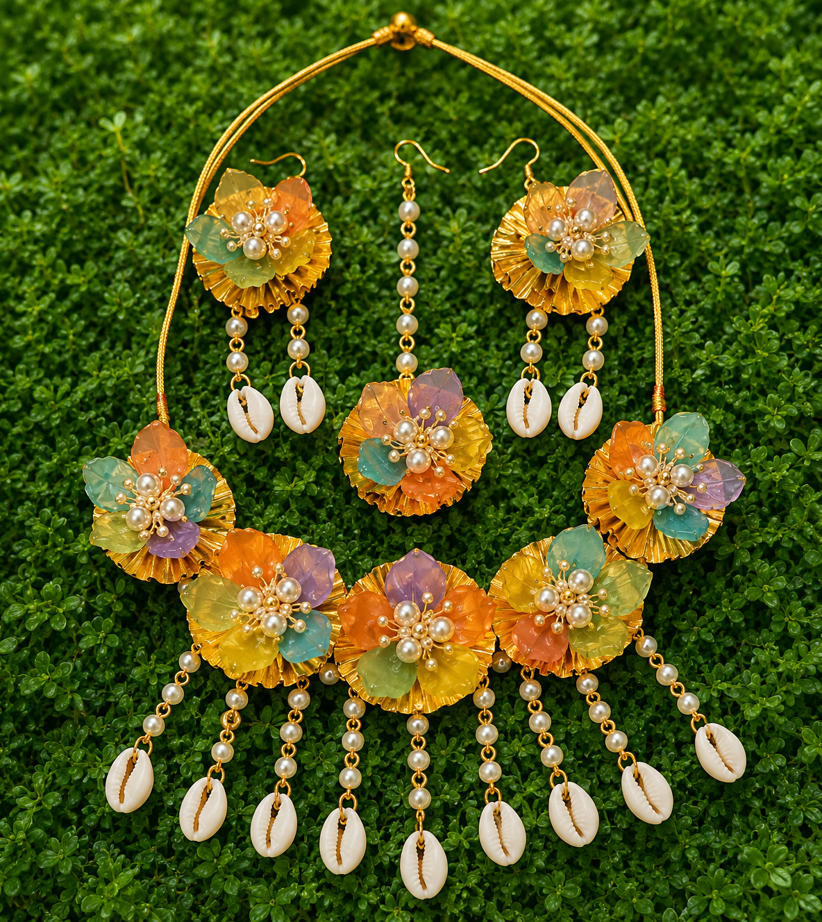 Multicolor Floral Bridal Jewellery Set for Women | Shell & Pearl Flower Jewellery Set with Necklace, Earrings, Maang Tikka & Bracelet | Haldi Mehndi Wedding Accessories