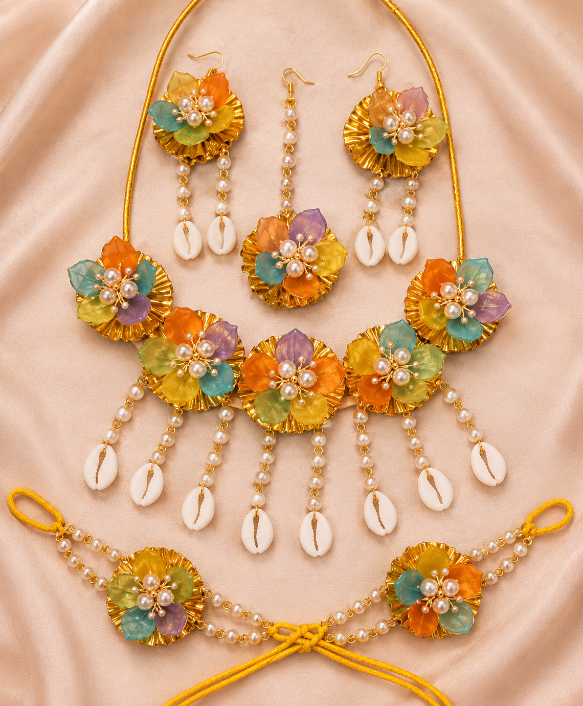 Multicolor Floral Bridal Jewellery Set for Women | Shell & Pearl Flower Jewellery Set with Necklace, Earrings, Maang Tikka & Bracelet | Haldi Mehndi Wedding Accessories