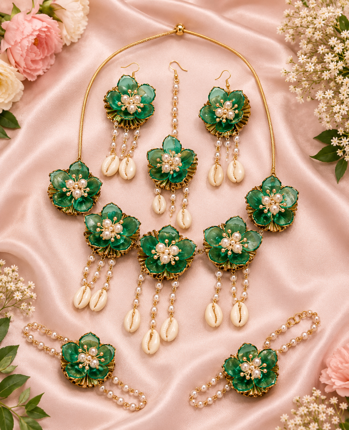 Emerald Green Floral Bridal Jewellery Set for Women | Pearl & Shell Flower Jewellery Set with Necklace, Earrings, Maang Tikka & Bracelets | Haldi Mehndi Wedding Accessories