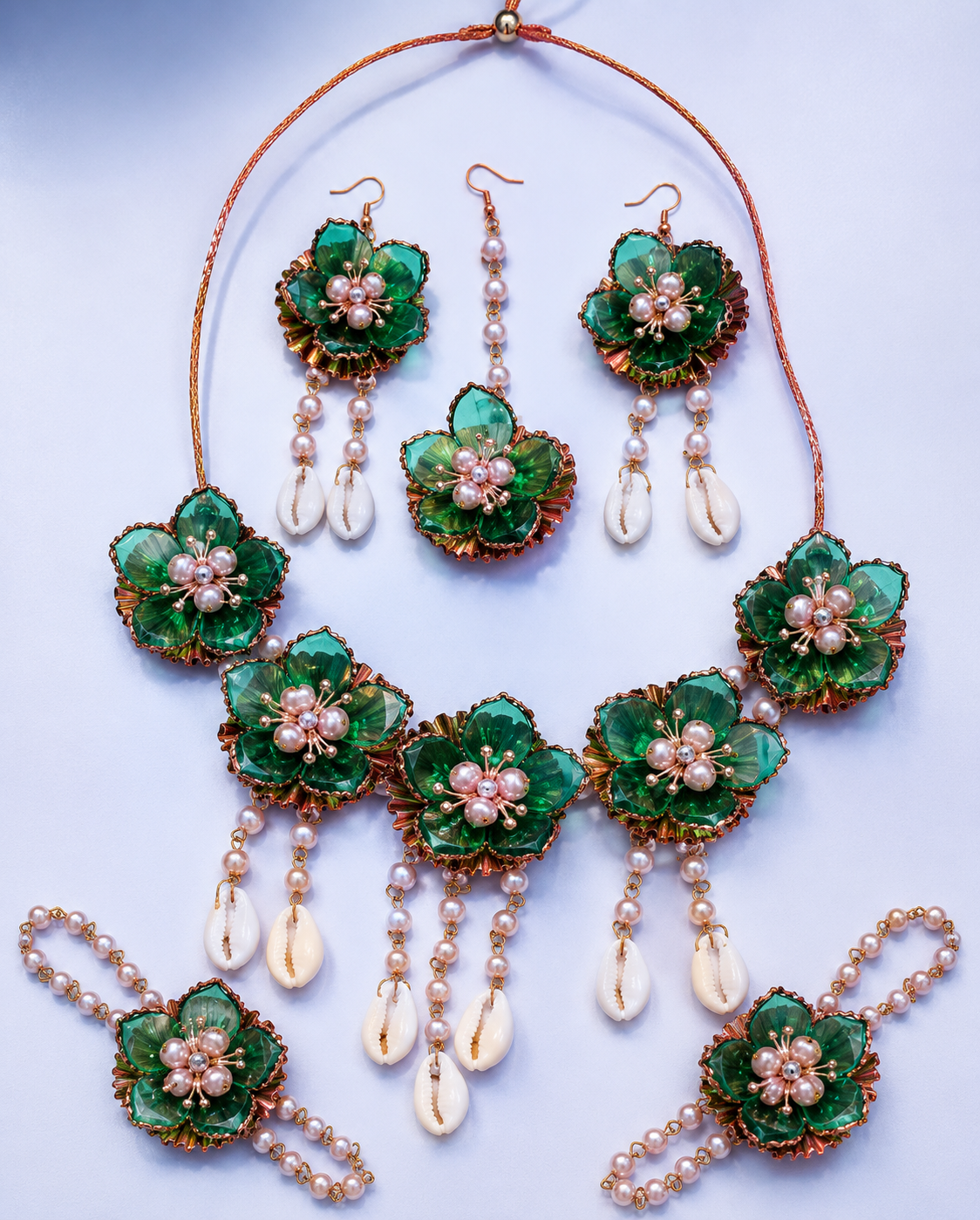 Emerald Green Floral Bridal Jewellery Set for Women | Pearl & Shell Flower Jewellery Set with Necklace, Earrings, Maang Tikka & Bracelets | Haldi Mehndi Wedding Accessories