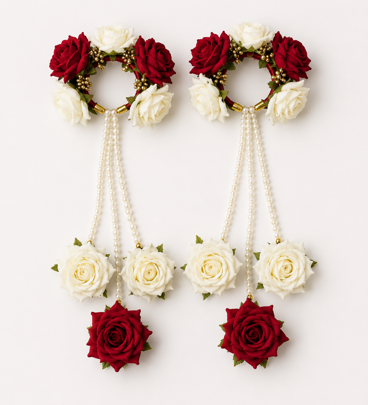 Bridal Floral Kaleera Set – Handmade Red & White Rose Kaleere with Pearl Strings for Wedding, Haldi & Mehendi