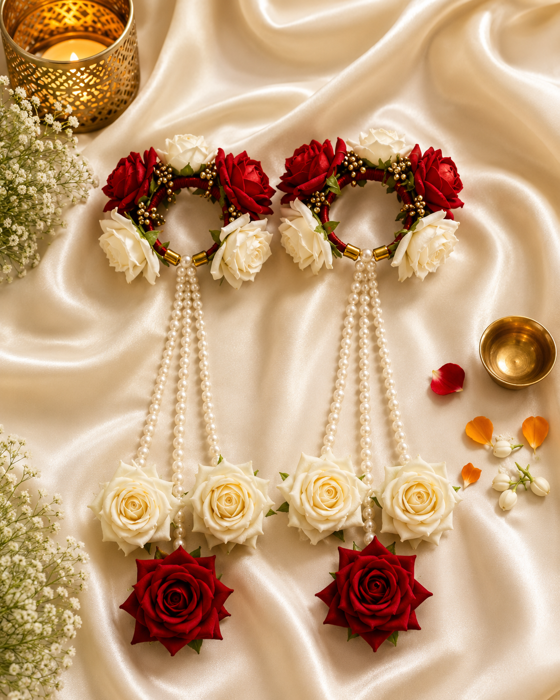 Bridal Floral Kaleera Set – Handmade Red & White Rose Kaleere with Pearl Strings for Wedding, Haldi & Mehendi