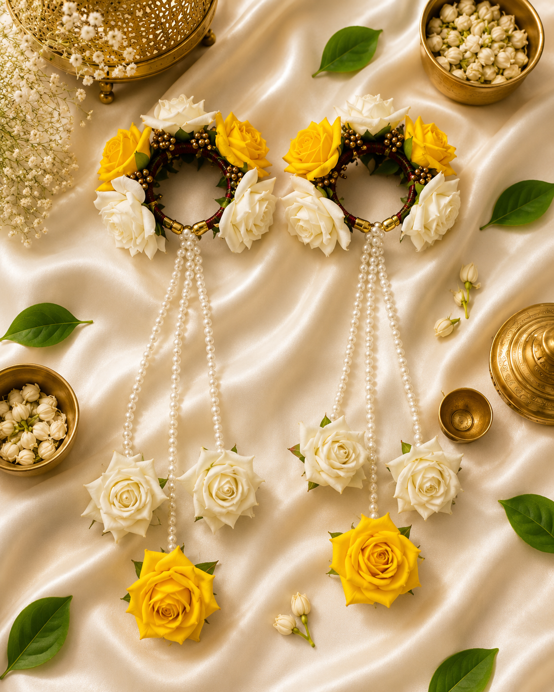 Bridal Floral Kaleera Set – Handmade Yellow & White Rose Kaleere with Pearl Strings for Haldi, Mehendi & Wedding Functions
