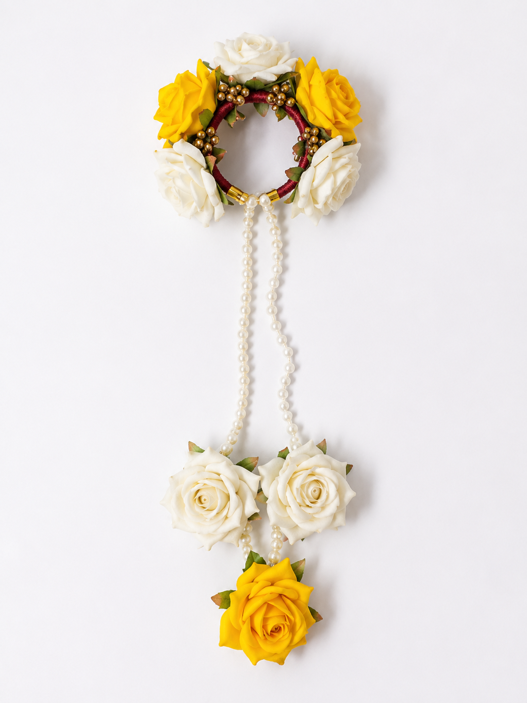 Bridal Floral Kaleera Set – Handmade Yellow & White Rose Kaleere with Pearl Strings for Haldi, Mehendi & Wedding Functions
