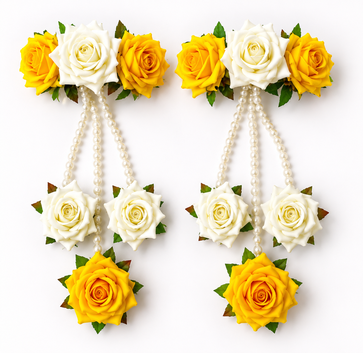 Bridal Floral Kaleera Set – Handmade Yellow & White Rose Kaleere with Pearl Strings for Haldi, Mehendi & Wedding Functions