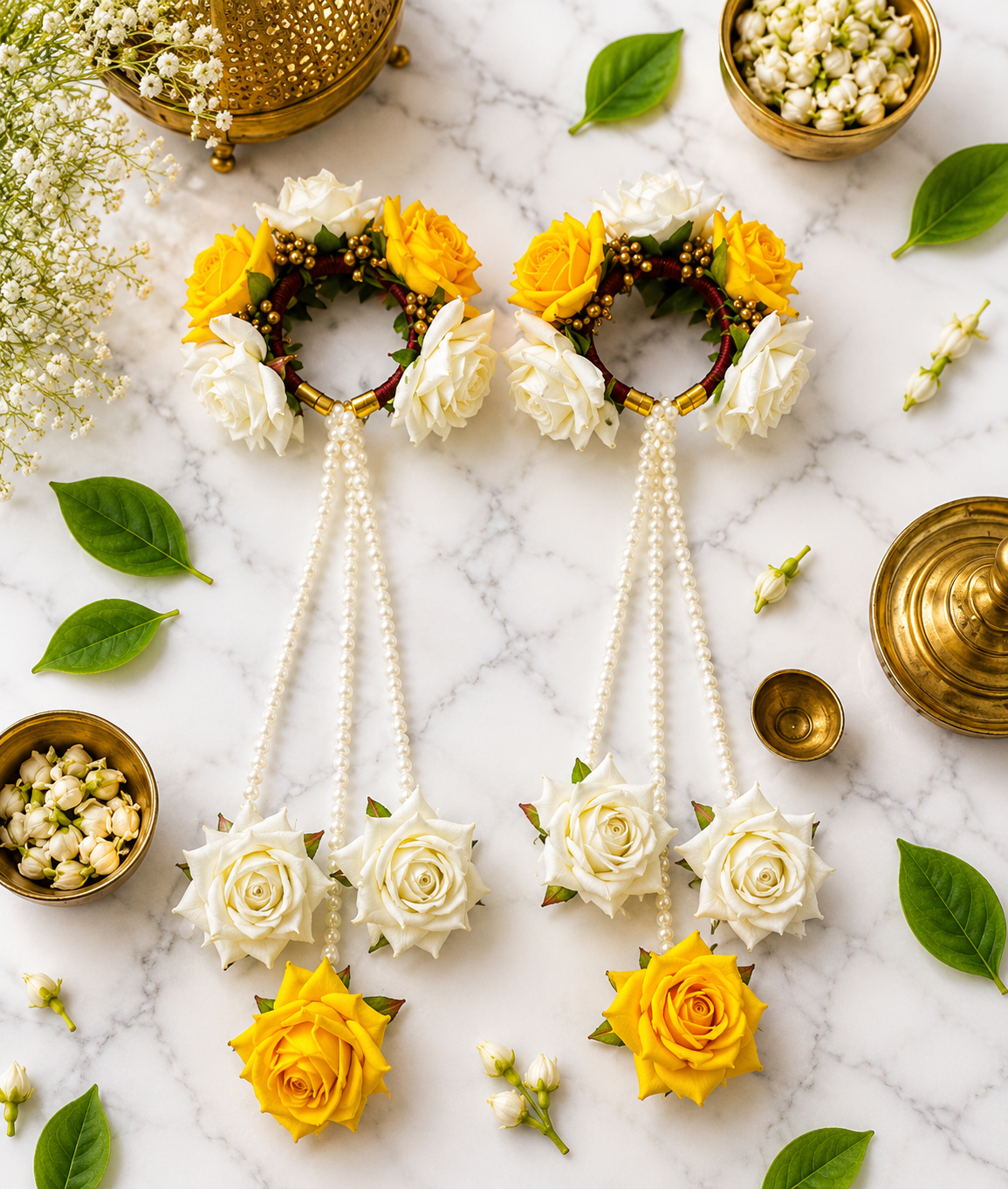 Bridal Floral Kaleera Set – Handmade Yellow & White Rose Kaleere with Pearl Strings for Haldi, Mehendi & Wedding Functions