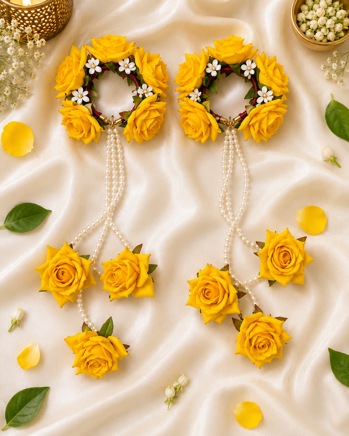 Bridal Yellow Rose Floral Kaleera Set – Handmade Pearl String Kaleere for Haldi, Mehendi & Wedding Functions