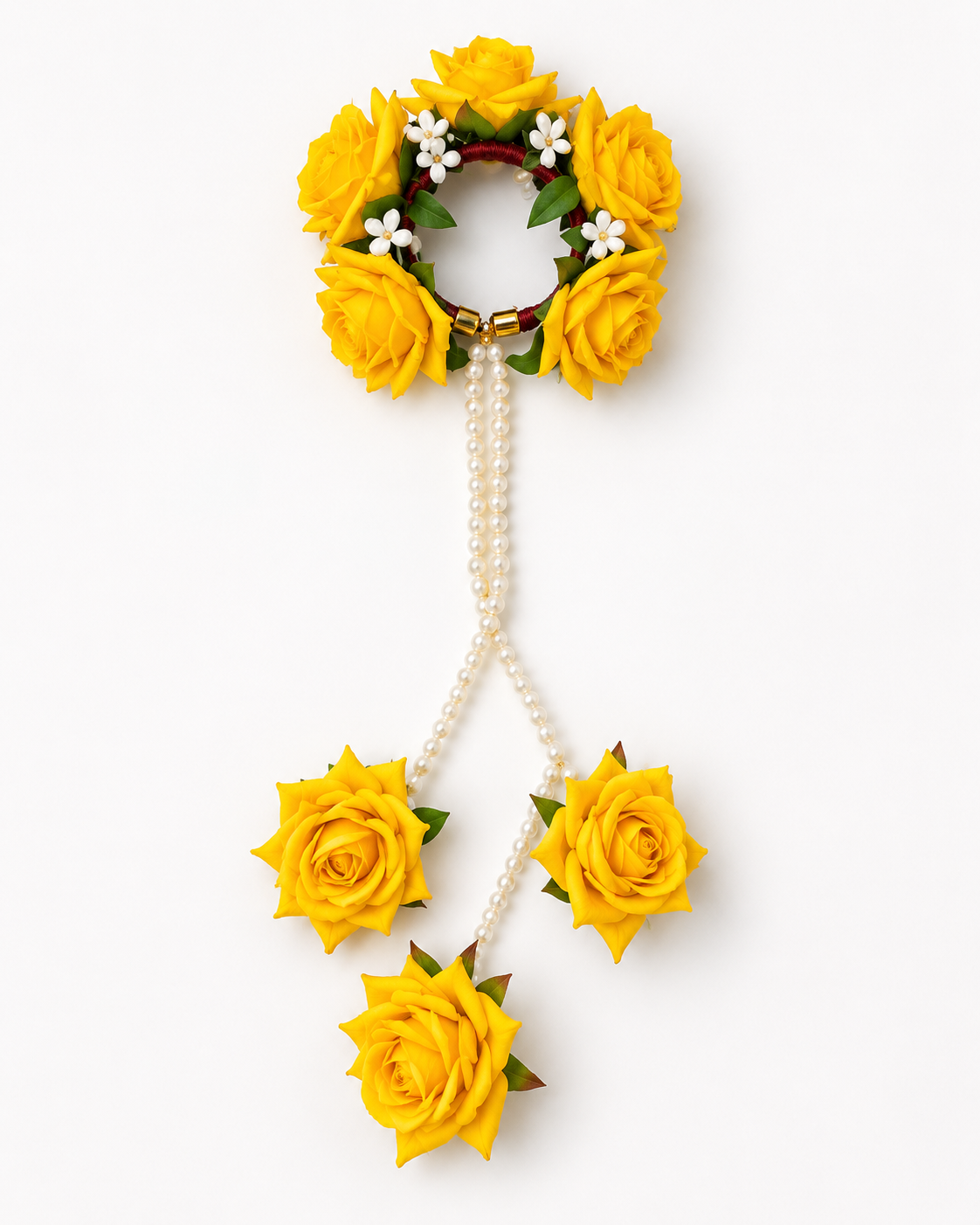Bridal Yellow Rose Floral Kaleera Set – Handmade Pearl String Kaleere for Haldi, Mehendi & Wedding Functions