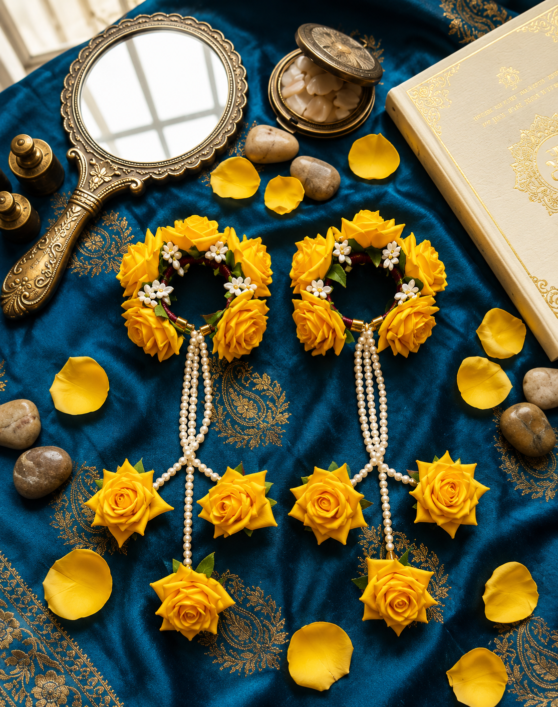 Bridal Yellow Rose Floral Kaleera Set – Handmade Pearl String Kaleere for Haldi, Mehendi & Wedding Functions