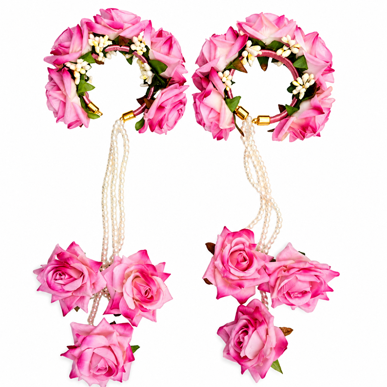 Bridal Pink Rose Floral Kaleera Set – Handmade Pearl String Kaleere for Wedding, Mehendi & Engagement Functions
