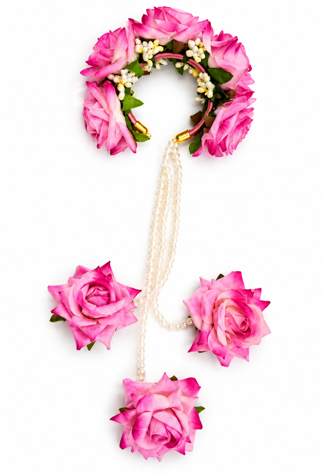 Bridal Pink Rose Floral Kaleera Set – Handmade Pearl String Kaleere for Wedding, Mehendi & Engagement Functions