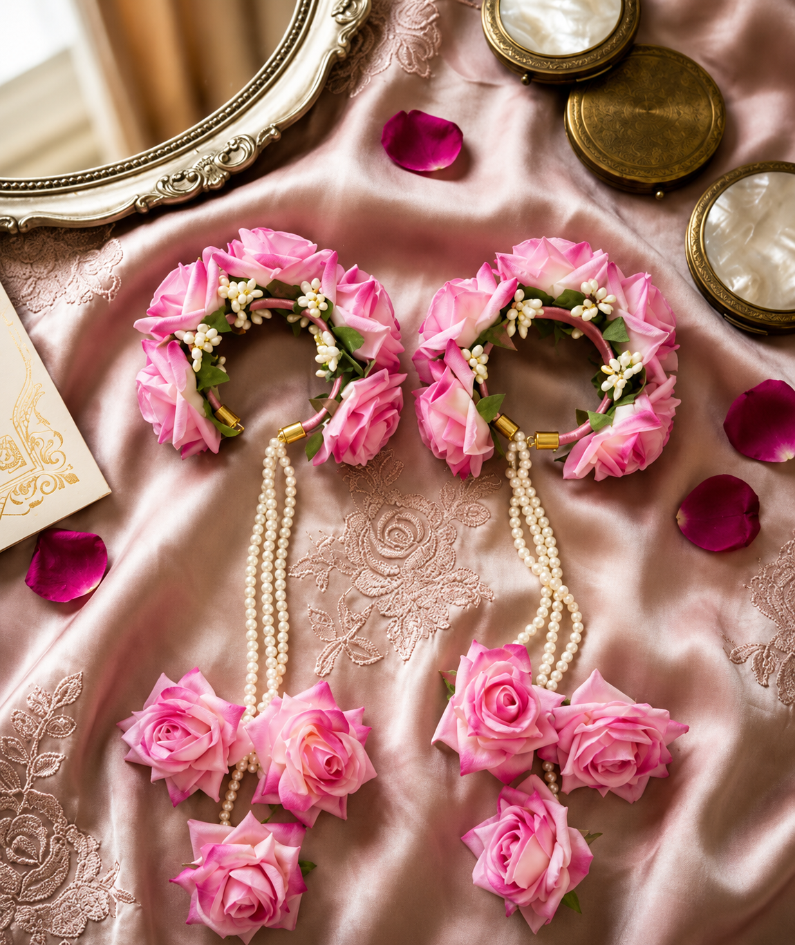 Bridal Pink Rose Floral Kaleera Set – Handmade Pearl String Kaleere for Wedding, Mehendi & Engagement Functions