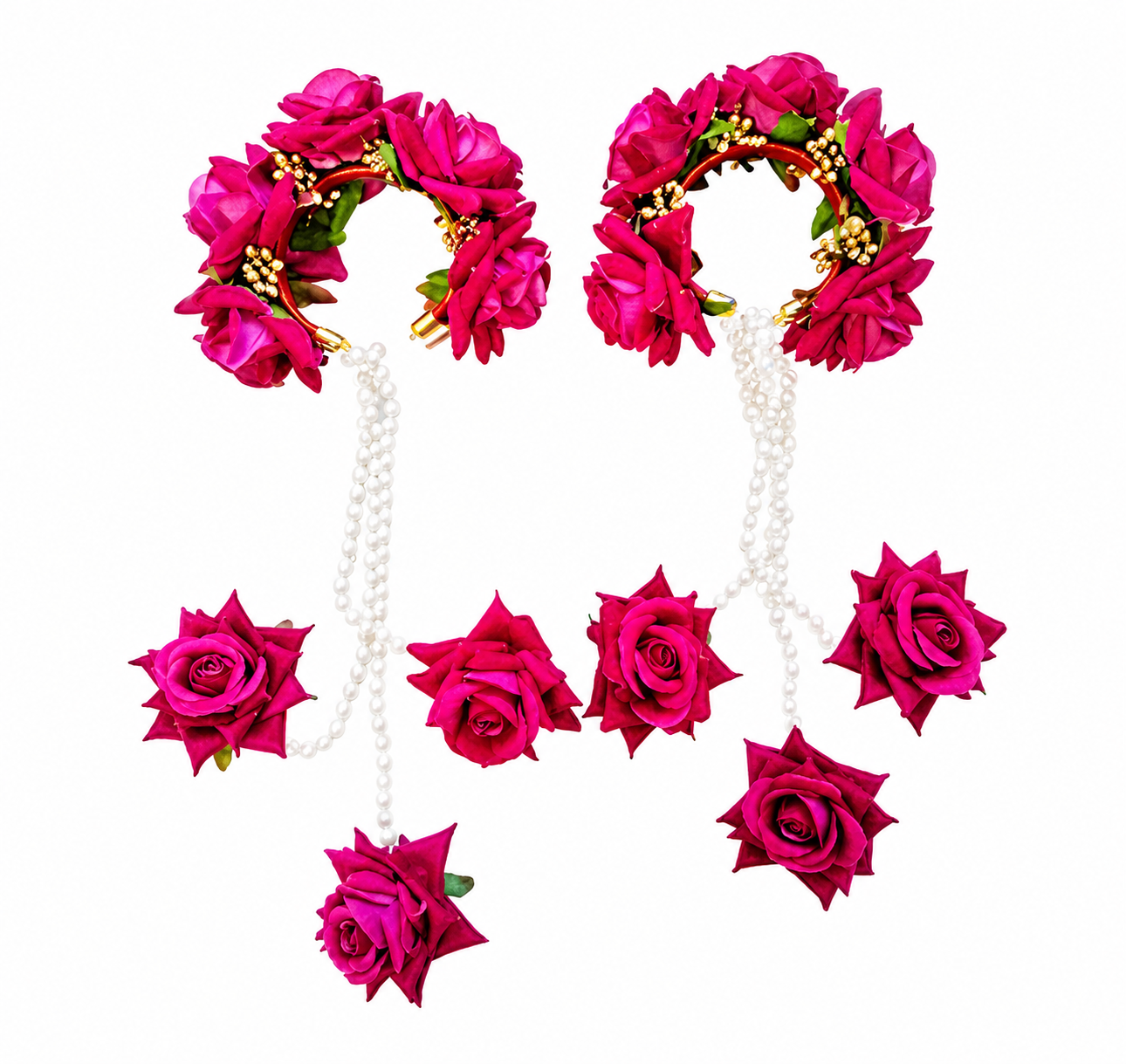 Pink Rose Floral Kaleera Set with Pearl Chains for Bridal Haldi, Mehndi, Wedding & Engagement | Artificial Flower Hand Kaleera for Women