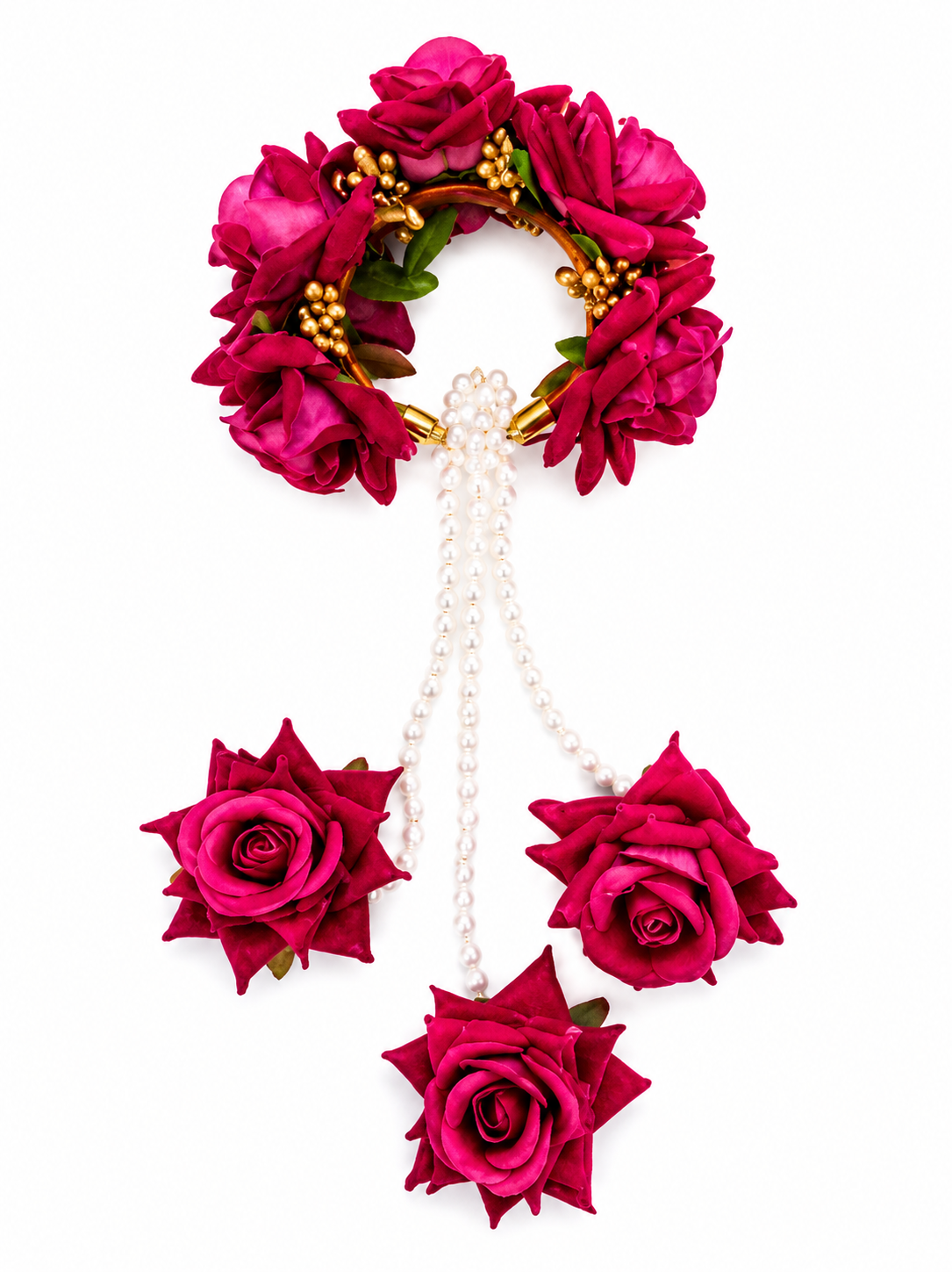 Pink Rose Floral Kaleera Set with Pearl Chains for Bridal Haldi, Mehndi, Wedding & Engagement | Artificial Flower Hand Kaleera for Women